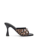 Havanna Kadın Gümüş Trok Taş Detaylı Leopar Desenli Orta Topuklu (8 cm) Topuklu Terlik - Görsel 6