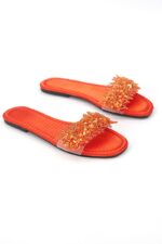 Coral Orange Parlak Saten El Yapımı Doğal Taş Kadın Terlik - Görsel 5