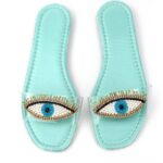 Eye Bead Turkuaz Parlak Saten El Yapımı Doğal Taş Kadın Terlik