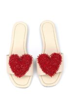 Ruby Heart Bej Cilt El Yapımı Boncuk İşleme Kırmızı Kalp Detaylı Kadın Terlik