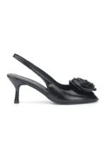 Cevora Peep Toe Fındık Burun (4/6 cm) El Yapımı Gül Detaylı Siyah Rugan Kadın Topuklu Ayakkabı - Görsel 7