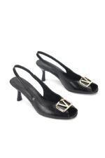 Ravisa Peep Toe Fındık Burun (4/6 cm) Altın V Toka Siyah Rugan Kadın Topuklu Ayakkabı - Görsel 5