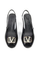 Ravisa Peep Toe Fındık Burun (4/6 cm) Altın V Toka Siyah Rugan Kadın Topuklu Ayakkabı - Görsel 4