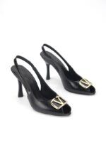Valeria Peep Toe Fındık Burun (8 cm) Altın V Toka Siyah Rugan Kadın Topuklu Ayakkabı - Görsel 6