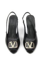 Valeria Peep Toe Fındık Burun (8 cm) Altın V Toka Siyah Rugan Kadın Topuklu Ayakkabı - Görsel 5