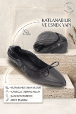 Velina Kadın Sivri Burun Bıyık Fiyonklu Esnek Kaymaz Taban Katlanabilir Siyah Babet Ayakkabı