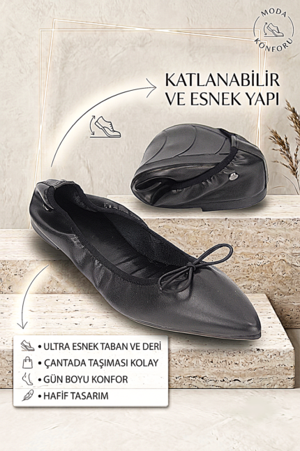 Velina Kadın Sivri Burun Bıyık Fiyonklu Esnek Kaymaz Taban Katlanabilir Siyah Babet Ayakkabı