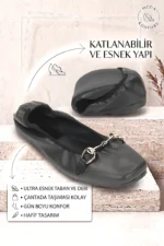 Mireya Katlanabilir Esnek Yumuşak Kaymaz Taban Siyah Cİlt İnce Geçme Toka  Detaylı Köşe Burun Kadın Babet Ayakkabı