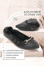Seriva Katlanabilir Esnek Yumuşak Kaymaz Taban Siyah Cİlt İnce Geçme Toka  Detaylı Sivri Burun Kadın Babet Ayakkabı