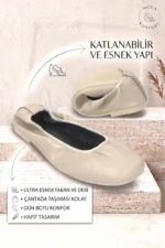 Uliana Kadın Köşeli Burun Esnek Taban Katlanabilir Bej Babet Ayakkabı