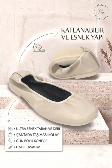 Uliana Kadın Köşeli Burun Esnek Taban Katlanabilir Bej Babet Ayakkabı